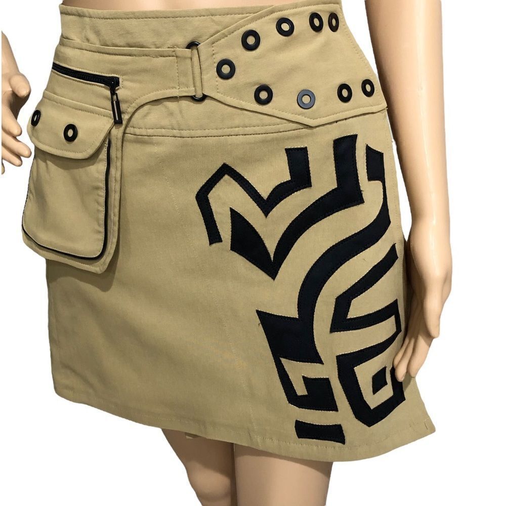 Rare Jamie Sadock Adjustable Snap Geometric Tan Black Pocket Mini Skirt Sz XS-S